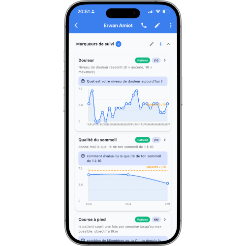 Suivi de progression patient : douleur et charge, application kinésithérapeute