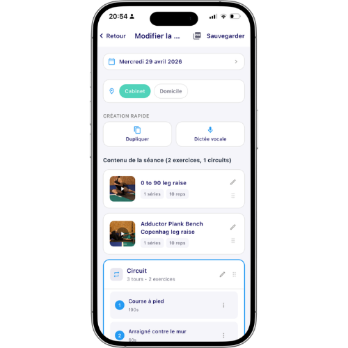 Prescription d'exercices de kinésithérapie sur téléphone avec Physiom